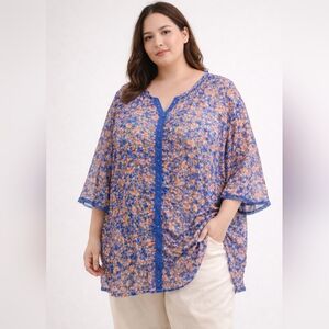 Jessica London Floral Blouse 18W | Feminine Blue Pink Y2K Top #68